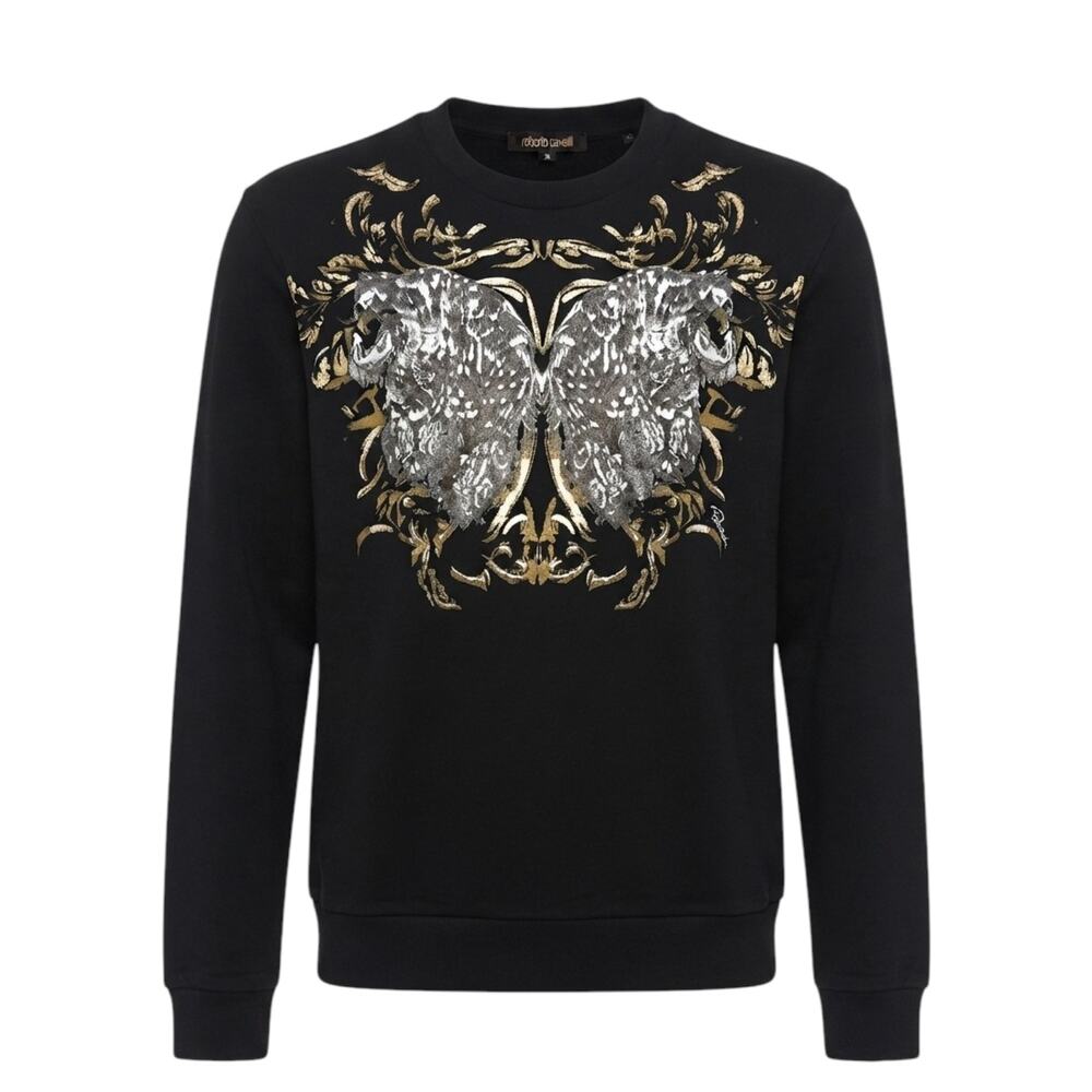 Roberto Cavalli Signature Print Crewneck Sweater Black Cotton Pullover | Size S